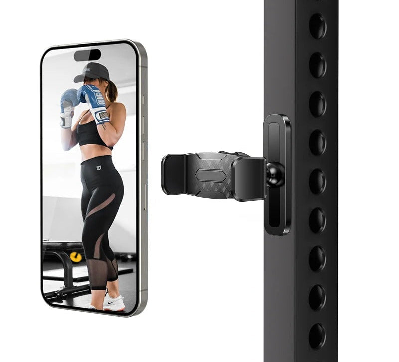 Phone holder attached to a barbell with a smartphone displaying a person in athletic wear.