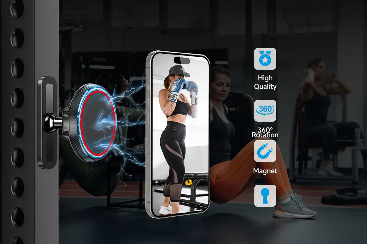 Flexkitsstudio GYM Magnetic Phone Holder with phone displaying a fitness woman on screen, gym background.