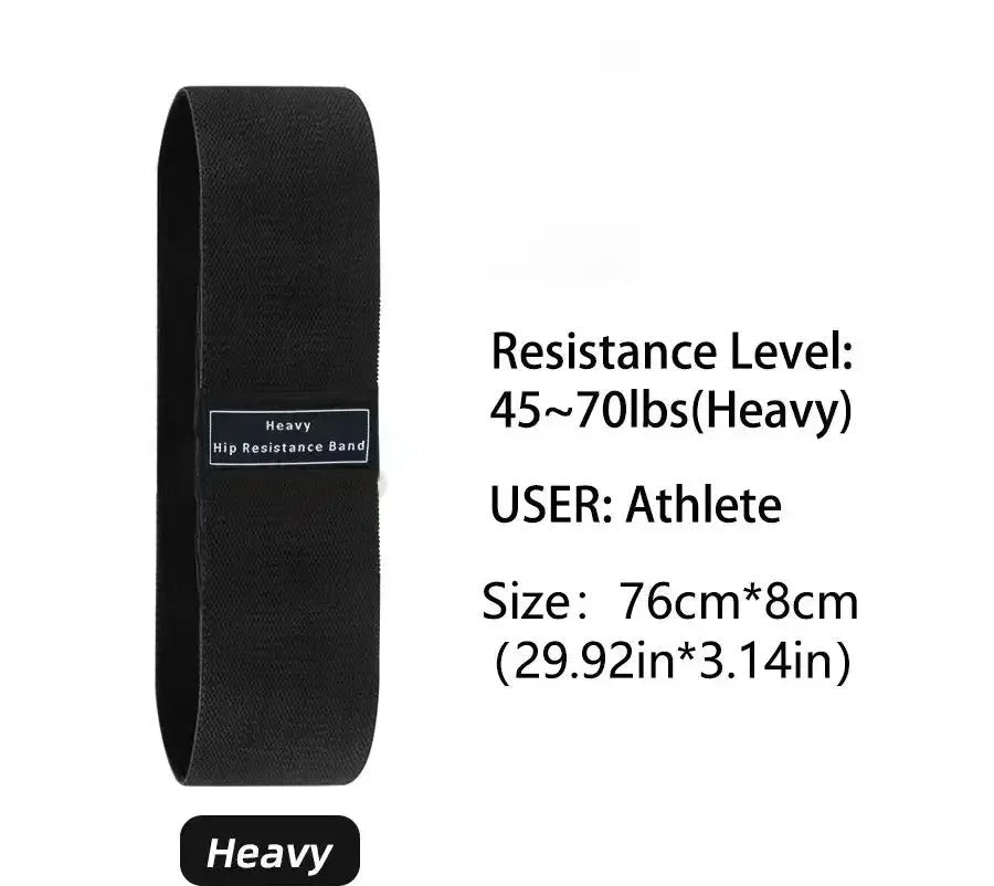 Black resistance band with specifications on a white background